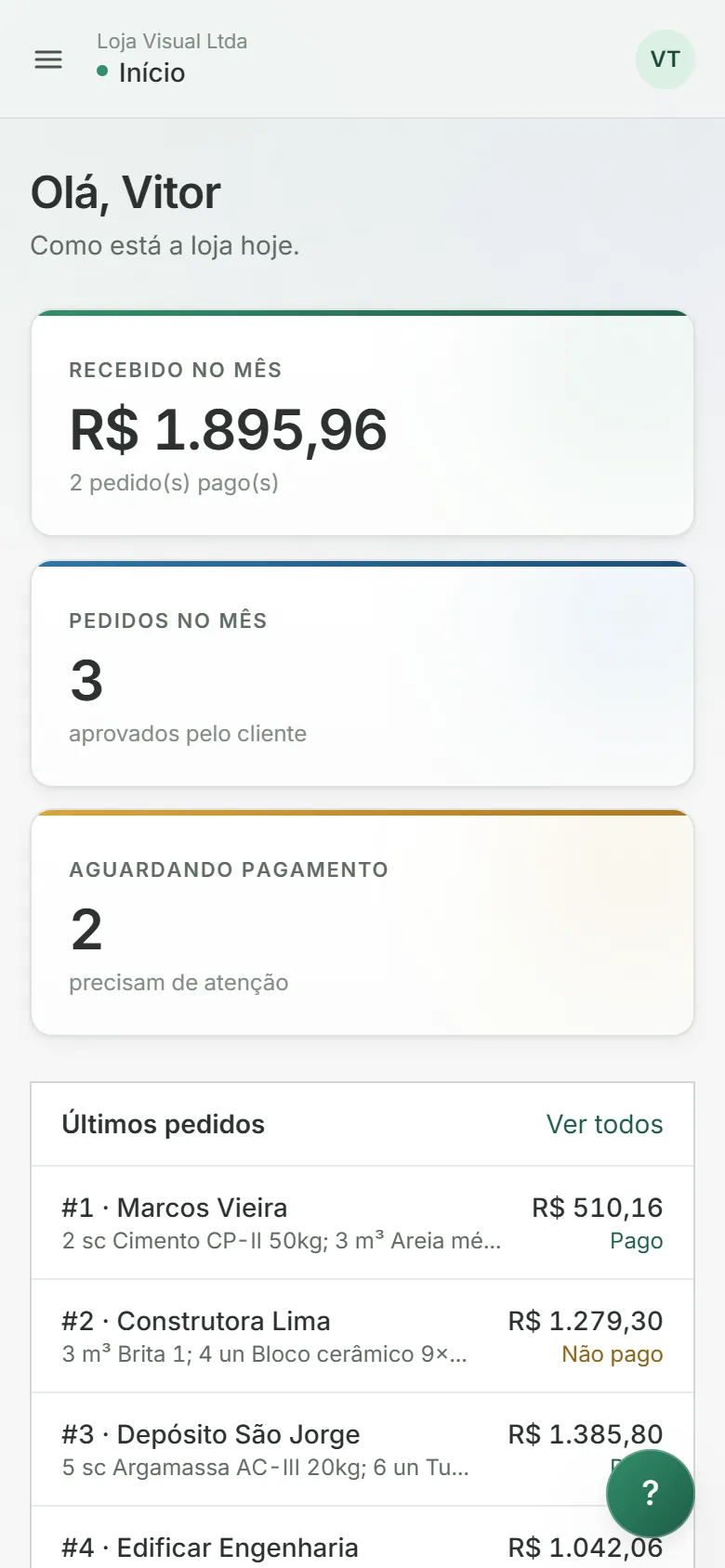 Tela de Início no celular, com os números do mês empilhados e a lista dos últimos pedidos abaixo.